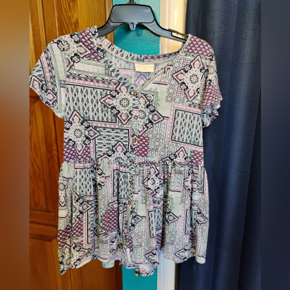 Bobbie Brooks Geometric Print Blouse in Purple and Black